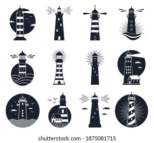 Lighthouse labels. Vintage beacon building emblems, marine navigation lighthouse silhouettes. Beacon towers labels vector illustration set. Lighthouse safety emblem, silhouette monochrome tower