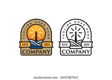 Leuchtturm mit Lampenlicht und Wellenabzeichen Logo für kreatives Community Building Unternehmen Geschäft