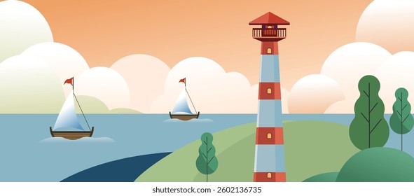 Lighthouse landscape background flat illustration
