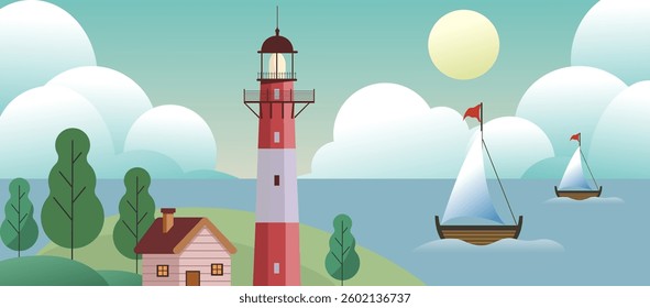 Lighthouse landscape background flat illustration