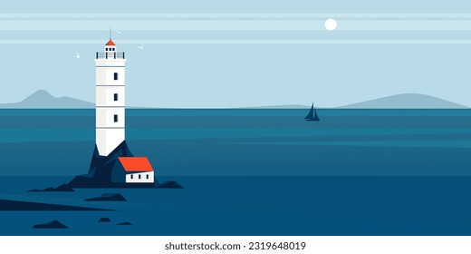 Landschaft im Leuchtturm. Cartoon Leuchtturm Silhouette am Strand, Navigation nautische Küsten-Leuchtturm Gebäude an der Küste bei der Abenddämmerung. Illustration der Landschaft des Leuchtturms