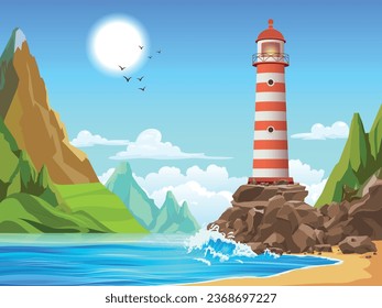 Lighthouse landscape composition with exotic wild scenery with mountains river bay and tower standing on cliffs vector illustration