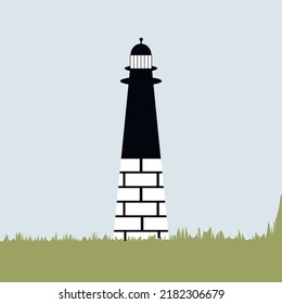 Lighthouse landscape with grass field. Vector line icon of a vintage lighthouse, logo or label, design element for your project.