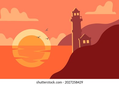 Lighthouse landscape with silhouette style vector suitable for multiple purpose