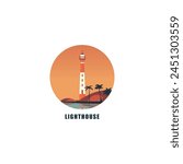 Lighthouse landscape vector logo, watchtower clipart badge, isolated vector flat beacon round illustration concept 