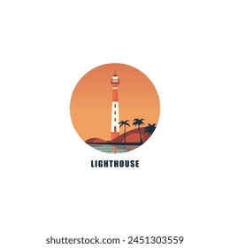 Lighthouse landscape vector logo, watchtower clipart badge, isolated vector flat beacon round illustration concept 