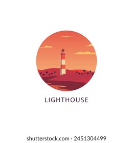 Lighthouse landscape vector logo, watchtower clipart badge, isolated vector flat beacon round illustration concept 