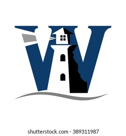 lighthouse and letter w logo vector.