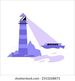 Lighthouse With Light Beam And Boat In Flat Vector Illustration Symbolizing Navigation, Guidance, And Safety, Isolated On White Background.