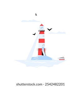 Farol Com Feixes De Luz E Aves Em Ilustração De Vetor Plano Simbolizando Navegação, Segurança E Orientação Costeira, Isolado Em Fundo Branco