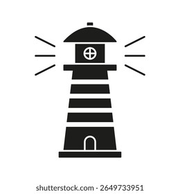 Lighthouse With Light Beams Solid Icon. Navigation, Guidance, And Safety Silhouette Symbol. Maritime Signal And Coastal Warning. Isolated Vector Illustration.