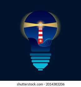 Lighthouse In A Light Bulb In A Night Storm. Vector Illustration