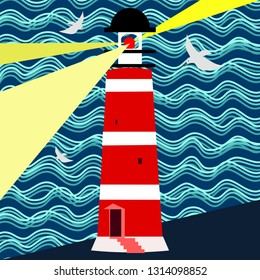 Lighthouse light in the dark, sea waves background vector