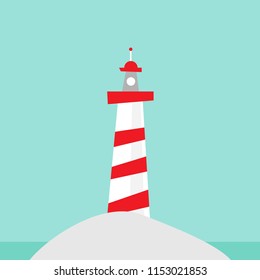 Lighthouse, light house, beacon on rock, wave. Sea ocean seascape, landscape.  Nautical, maritime, marine, naval symbol. Seashore simple illustration on blue background. Signal, hope, hint sybol.