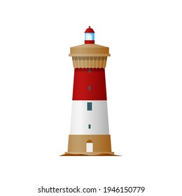 Lighthouse or light house and sea bacon, beach vintage old nautical shore and storm building, vector. Coast navigation ocean tower, lighthouse or signal beacon, marine and ship travel searchlight icon