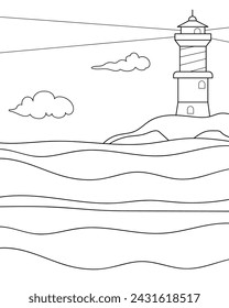 Faro en la playa. Dibujo para colorear, ilustración vectorial en blanco y negro.