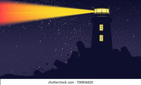 Lighthouse light operating at night with billion stars on the sky