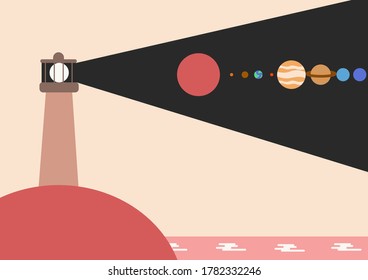 lighthouse light show a solar system. fantasy vector landscape