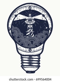 Lighthouse in a lightbulb, surreal tattoo and t-shirt design. Symbol of meditation, hiking, adventures 