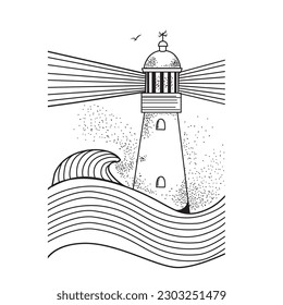 Lighthouse lights  in ocean with wave.