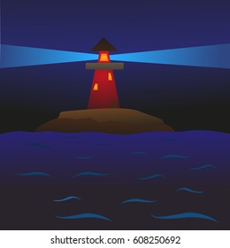 Lighthouse lights the sea at night