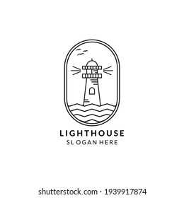 lighthouse line art emblem icon logo vector illustration template design. tower line art emblem logo