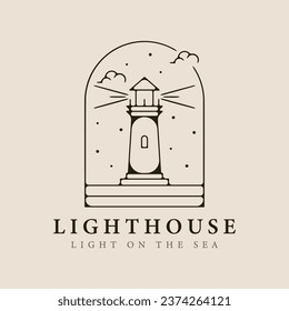 lighthouse line art logo minimalist style with emblem vector illustration design