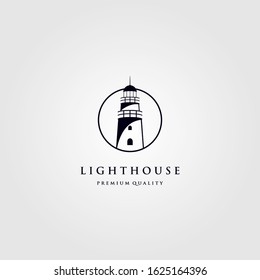 lighthouse line art logo tower in circle frame vector illustration design