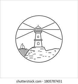 lighthouse line art and sailing boat illustration