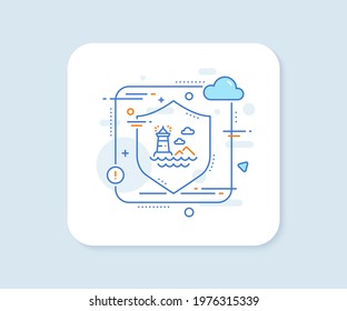 Lighthouse line icon. Abstract vector button. Beacon tower sign. Searchlight building symbol. Lighthouse line icon. Protect shield concept. Vector