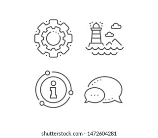 Lighthouse line icon. Chat bubble, info sign elements. Beacon tower sign. Searchlight building symbol. Linear lighthouse outline icon. Information bubble. Vector