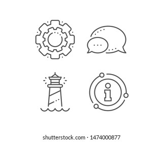 Lighthouse line icon. Chat bubble, info sign elements. Searchlight tower sign. Beacon symbol. Linear lighthouse outline icon. Information bubble. Vector