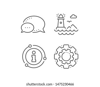 Lighthouse line icon. Chat bubble, info sign elements. Beacon tower sign. Searchlight building symbol. Linear lighthouse outline icon. Information bubble. Vector