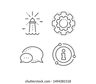Lighthouse line icon. Chat bubble, info sign elements. Beacon tower sign. Searchlight building symbol. Linear lighthouse outline icon. Information bubble. Vector