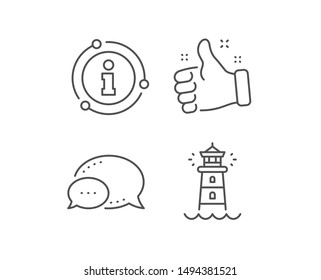Lighthouse line icon. Chat bubble, info sign elements. Searchlight tower sign. Beacon symbol. Linear lighthouse outline icon. Information bubble. Vector