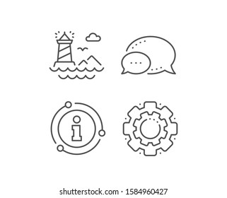 Lighthouse line icon. Chat bubble, info sign elements. Beacon tower sign. Searchlight building symbol. Linear lighthouse outline icon. Information bubble. Vector