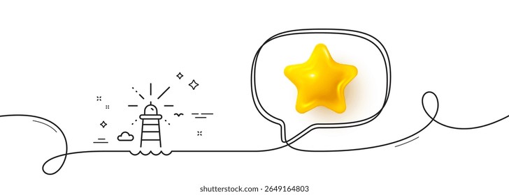 Lighthouse line icon. Continuous line with 3d star. Beacon tower sign. Searchlight building symbol. 3d star in speech bubble. Lighthouse single line ribbon. Loop curve pattern. Vector