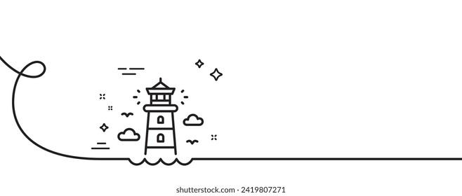 Icono de línea de faro. Una línea continua con curl. Señal de la torre de la baliza. Símbolo de construcción de la luz de la búsqueda. Cinta de contorno simple del faro. Patrón de curva de bucle. Vector