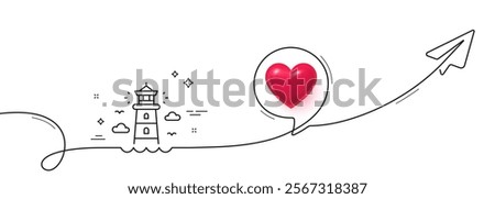 Lighthouse line icon. Continuous line with share plane. Beacon tower sign. Searchlight building symbol. 3d heart in speech bubble. Lighthouse single line ribbon. Loop curve pattern. Vector