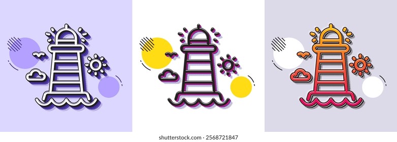 Lighthouse line icon. Halftone dotted pattern. Gradient icon with grain shadow. Beacon tower sign. Searchlight building symbol. Line lighthouse icon. Various designs. Vector