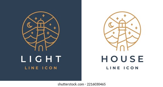 Lighthouse line icon. Light beacon logo. Nautical building emblem. Maritime harbor symbol. Coastal search light tower sign. Vector illustration.