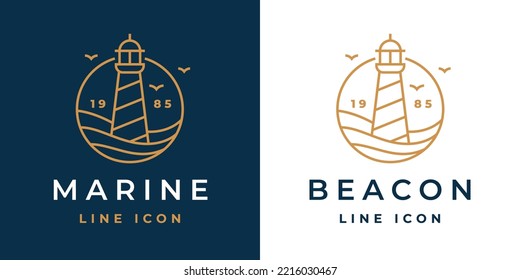 Icono de línea de faro. Logo de Light Beacon. emblema de la construcción náutica. Símbolo del puerto marítimo. Signo de torre de luz de búsqueda costera. Ilustración vectorial.