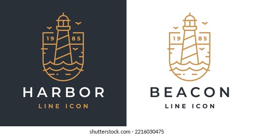 Lighthouse line icon. Light beacon logo. Nautical building emblem. Maritime harbor symbol. Coastal search light tower sign. Vector illustration.