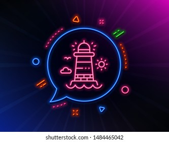 Lighthouse line icon. Neon laser lights. Beacon tower sign. Searchlight building symbol. Glow laser speech bubble. Neon lights chat bubble. Banner badge with lighthouse icon. Vector