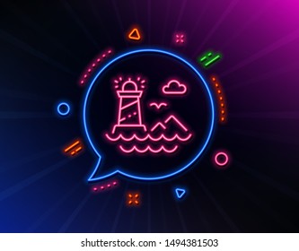 Lighthouse line icon. Neon laser lights. Beacon tower sign. Searchlight building symbol. Glow laser speech bubble. Neon lights chat bubble. Banner badge with lighthouse icon. Vector