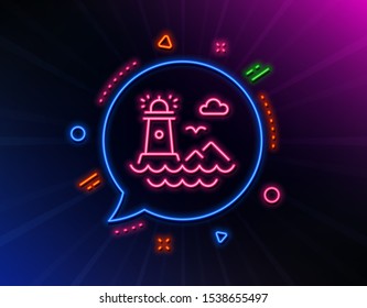 Lighthouse line icon. Neon laser lights. Beacon tower sign. Searchlight building symbol. Glow laser speech bubble. Neon lights chat bubble. Banner badge with lighthouse icon. Vector