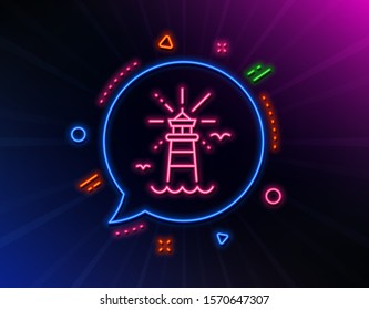 Lighthouse line icon. Neon laser lights. Beacon tower sign. Searchlight building symbol. Glow laser speech bubble. Neon lights chat bubble. Banner badge with lighthouse icon. Vector