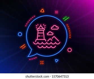 Lighthouse line icon. Neon laser lights. Beacon tower sign. Searchlight building symbol. Glow laser speech bubble. Neon lights chat bubble. Banner badge with lighthouse icon. Vector