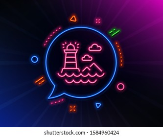 Lighthouse line icon. Neon laser lights. Beacon tower sign. Searchlight building symbol. Glow laser speech bubble. Neon lights chat bubble. Banner badge with lighthouse icon. Vector