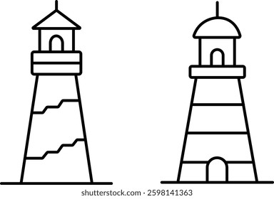Lighthouse Line Icon Set – Nautical and Coastal Navigation Symbols in EPS